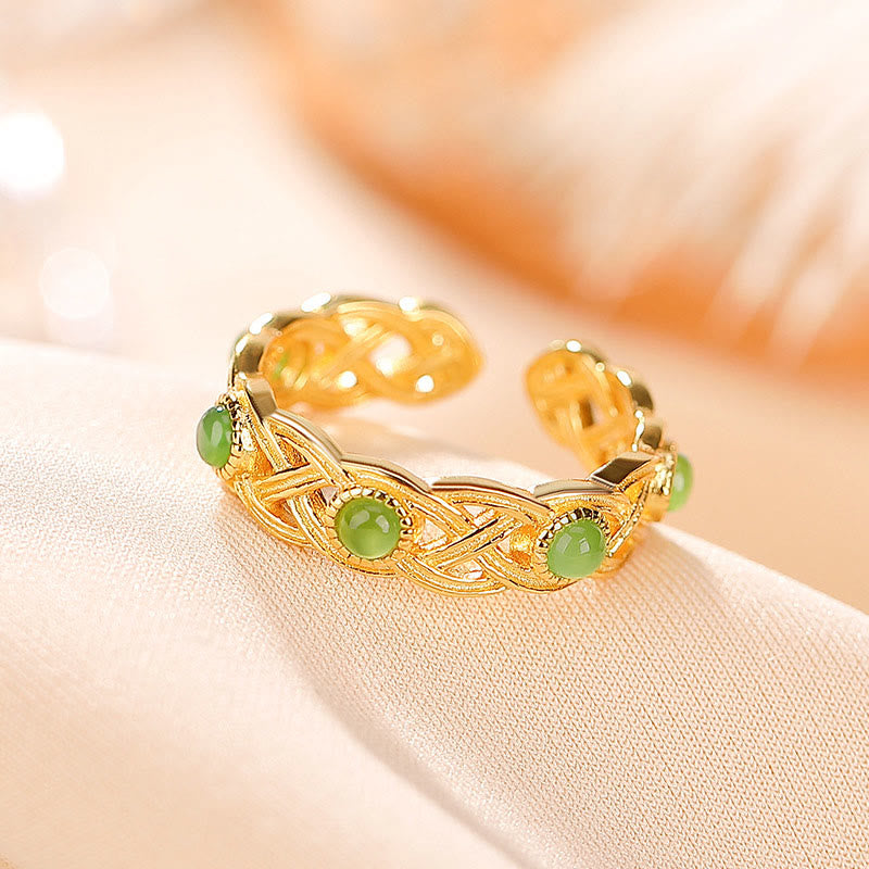 Nimara Ritual 925 Sterling Silver Plated Gold Cyan Jade Braided Design Success Luck Adjustable Ring