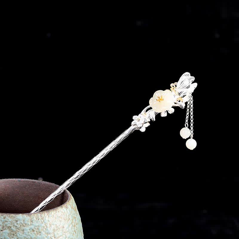 Nimara Ritual 925 Sterling Silver Hetian White Jade Flower Blessing Hairpin