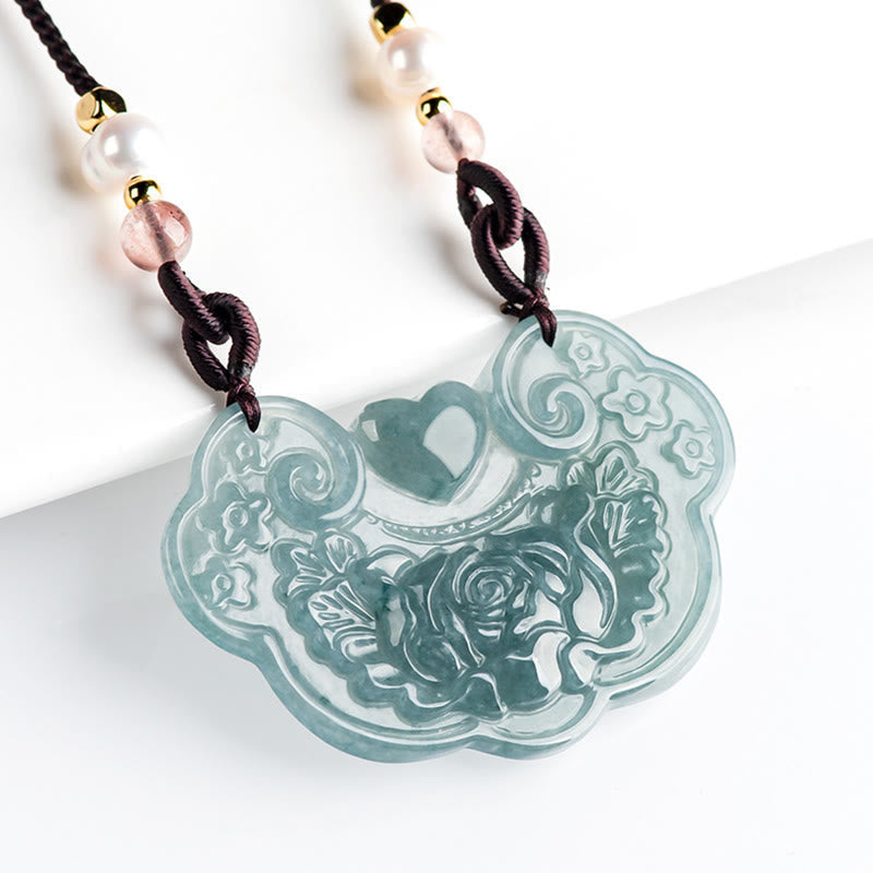Nimara Ritual Natural Jade Peony Flower Lock of Good Wishes Prosperity Necklace Pendant