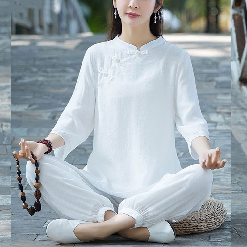 Nimara Ritual 2Pcs Plain Design Top Pants Meditation Yoga Zen Tai Chi Cotton Linen Clothing Women's Set