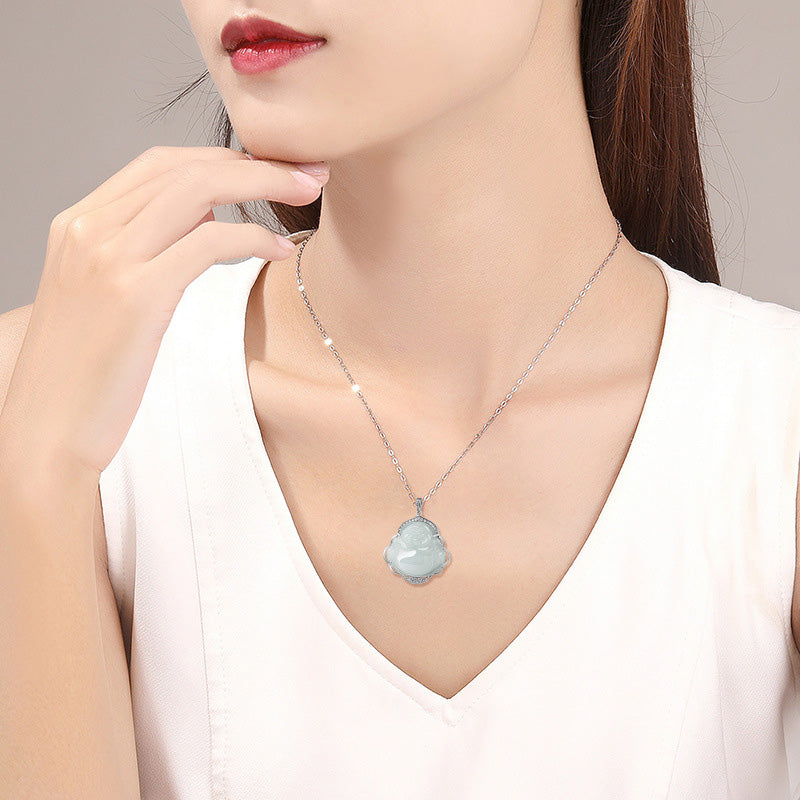 Nimara Ritual Laughing Buddha Natural Jade Abundance Titanium Steel Chain Necklace Pendant