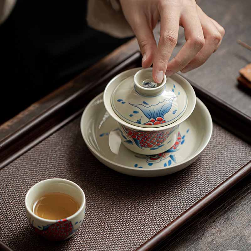Nimara Ritual Koi Fish Arowana Ceramic Gaiwan Sancai Teacup Kung Fu Tea Cup With Lid 130ml