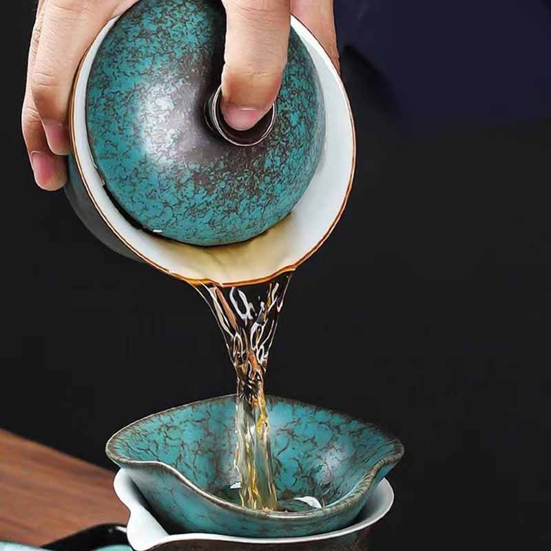 Nimara Ritual Traditional Pine Tree Green Ceramic Gaiwan Sancai Teacup Kung Fu Tea Cup And Saucer With Lid