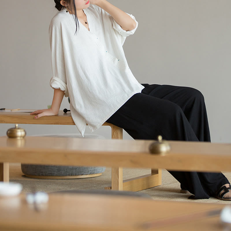 Nimara Ritual V-Neck Blouse Women Shirt Long Sleeve Top Chinese Hanfu Style Clothing