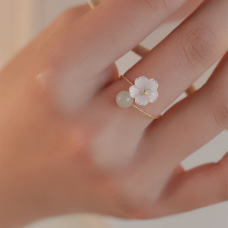Nimara Ritual 14k Gold Plated Round Hetian Jade Tridacna Stone Peach Blossom Flower Butterfly Prosperity Adjustable Ring