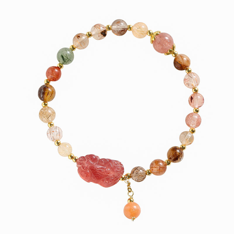 Nimara Ritual Natural Rutilated Quartz Strawberry Quartz PiXiu Wealth Bracelet