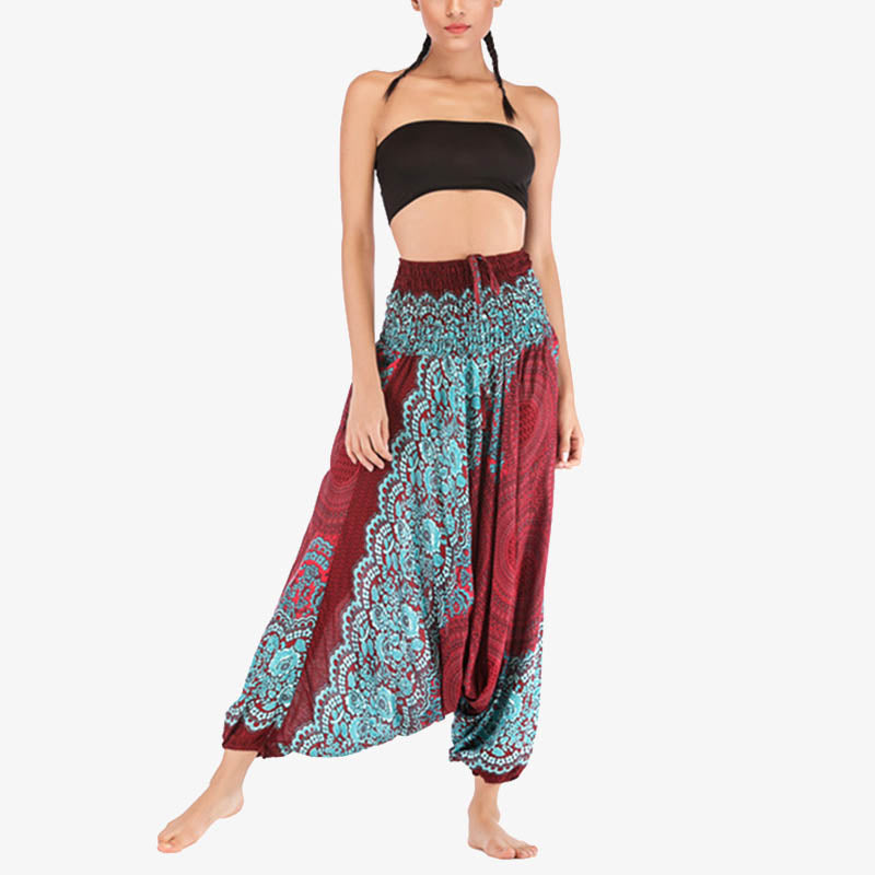 Nimara Ritual Two Style Wear Round Geometric Pattern Loose Smocked Harem Trousers Jumpsuit High Waist Women's Yoga Pants