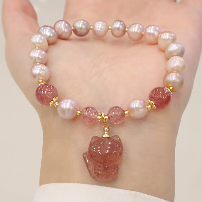 Nimara Ritual Natural Pearl Strawberry Quartz Cute Fox Love Healing Charm Bracelet