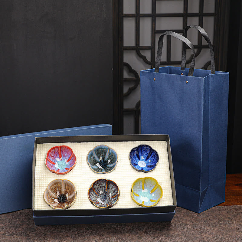 Nimara Ritual 6Pcs Plum Blossom Petal Pattern Chinese Jianzhan Kiln Change Ceramic Teacup Kung Fu Tea Cup Bowl With Gift Box