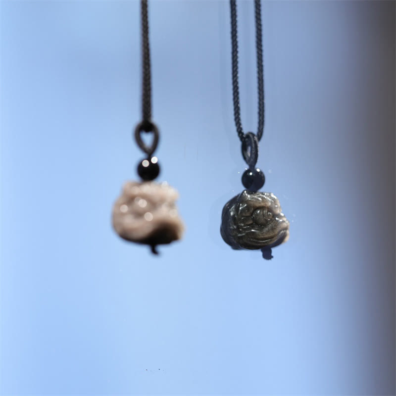 Nimara Ritual Natural Silver Sheen Obsidian Dancing Lion Protection Necklace Pendant