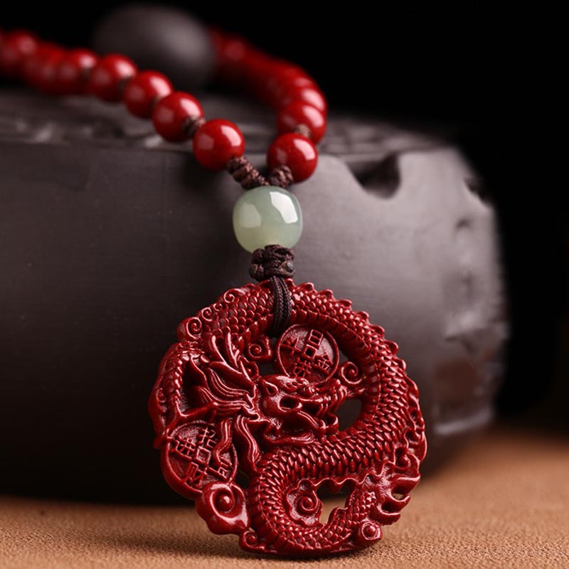 Nimara Ritual Year Of The Dragon Natural Cinnabar Hetian Jade Bead Copper Coin Attract Wealth Strength Necklace Pendant
