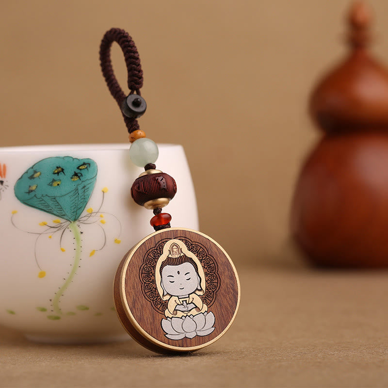 Nimara Ritual Ebony Wood Rosewood Buddha Avalokitesvara Om Mani Padme Hum Balance Car Key Chain Decoration
