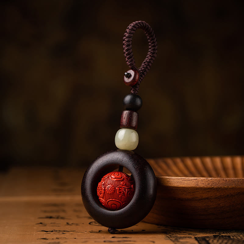 Nimara Ritual Tibet Om Mani Padme Hum PiXiu Copper Coin Small Leaf Red Sandalwood Cinnabar Protection Key Chain