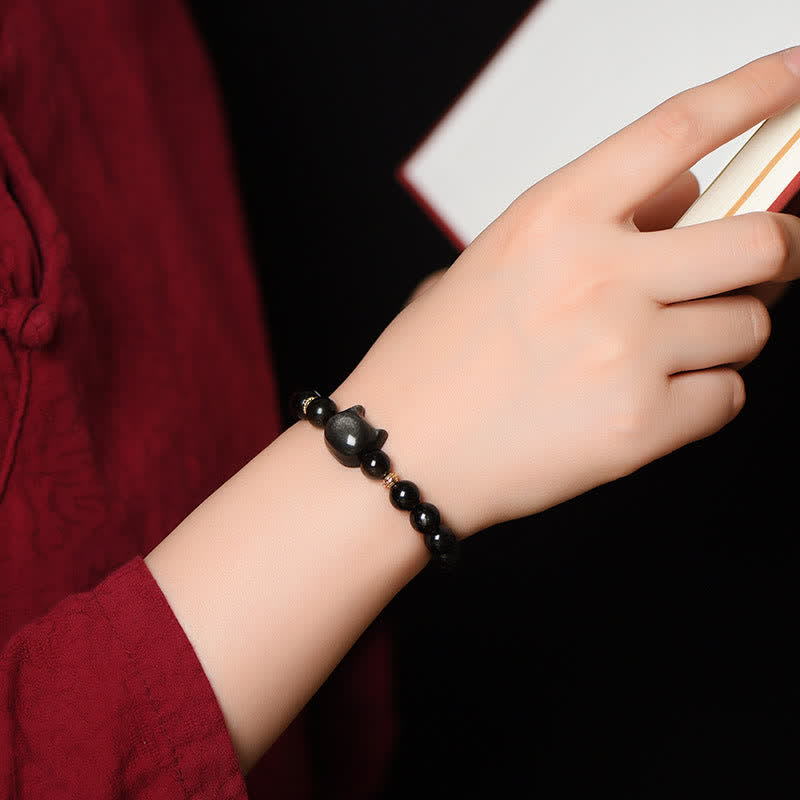 Nimara Ritual Gold Sheen Obsidian Silver Sheen Obsidian Lovely Paw Lucky Cat Protection Bracelet
