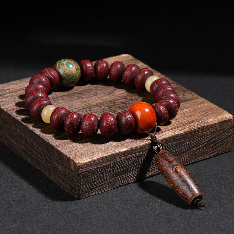 Nimara Ritual Tibet Bodhi Seed Dzi Bead Dancing Lion Luck Bracelet Wrist Mala