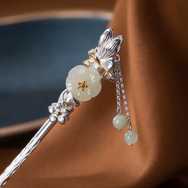 Nimara Ritual 925 Sterling Silver Hetian White Jade Flower Blessing Hairpin