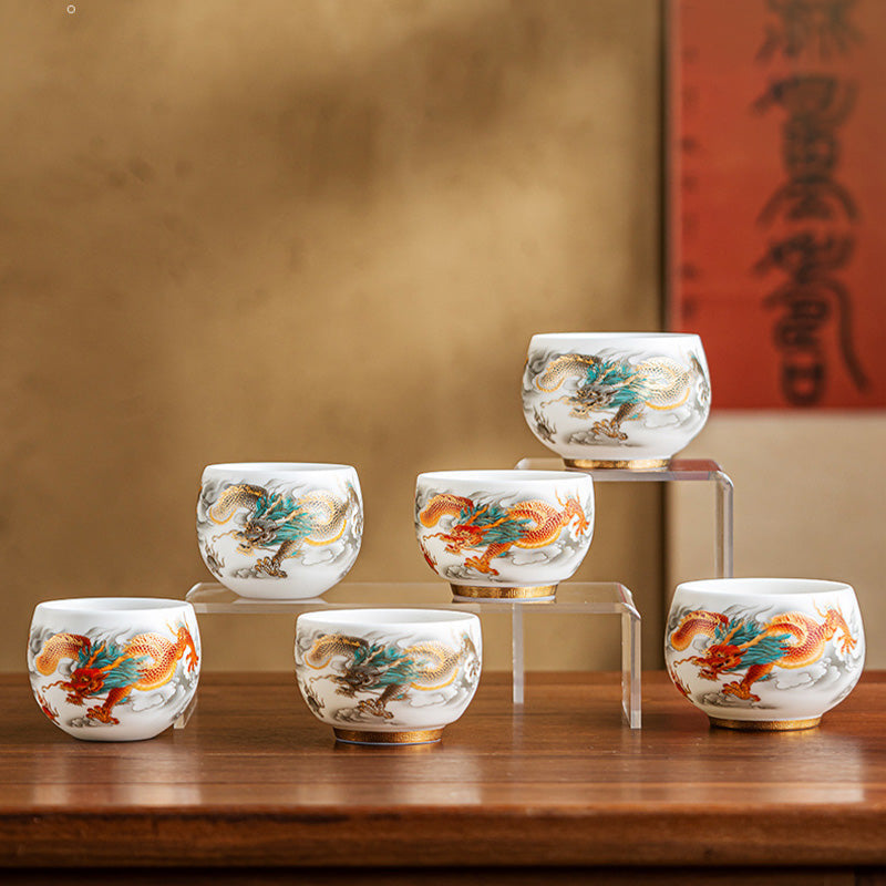 Nimara Ritual Dragon Phoenix Auspicious Clouds Ceramic Teacup Kung Fu Tea Cup With Gift Box