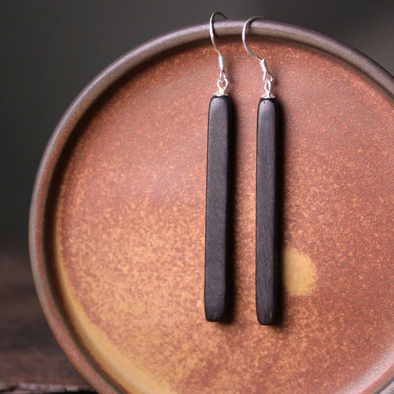 Nimara Ritual 925 Sterling Silver Ebony Wood Texture Balance Peace Drop Dangle Earrings