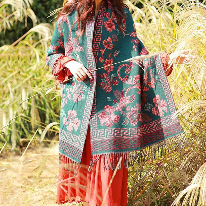 Nimara Ritual Tibetan Flowers Leaves Pattern Design Shawl Cozy Travel Scarf Wrap