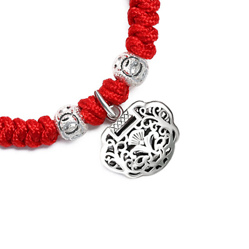Nimara Ritual 925 Sterling Silver Chinese Lock Charm Multicolored Red String Protection Handmade Braided Kids Bracelet