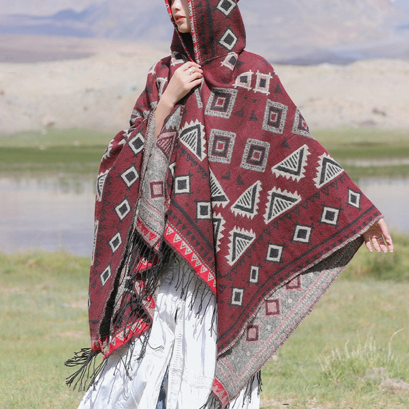Nimara Ritual Tibetan Shawl Triangle Pattern Hooded Cloak Winter Cozy Travel Scarf Wrap