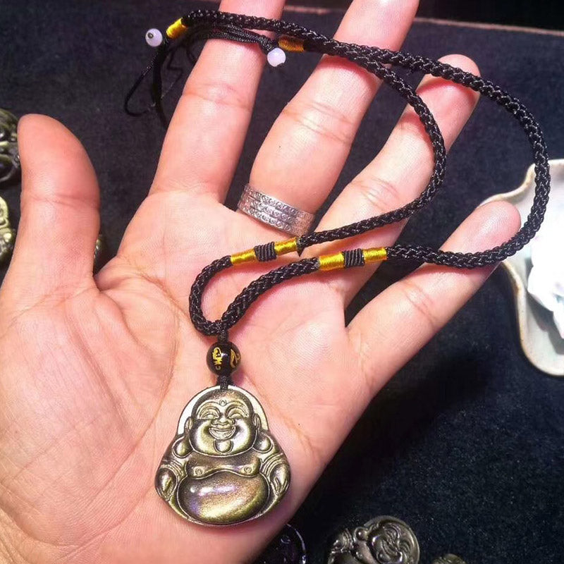 Nimara Ritual Laughing Buddha Gold Sheen Obsidian Wealth Necklace Pendant