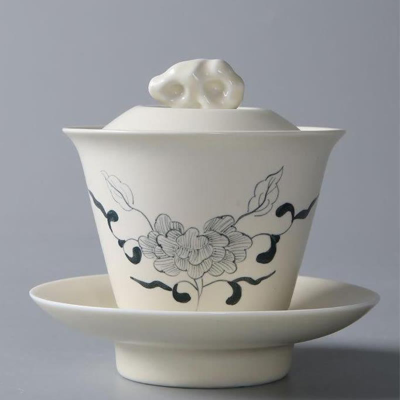 Nimara Ritual Hand Painted Pomegranate Hibiscus Pine Lotus Ceramic Gaiwan Sancai Teacup Kung Fu Tea Cup And Saucer With Lid