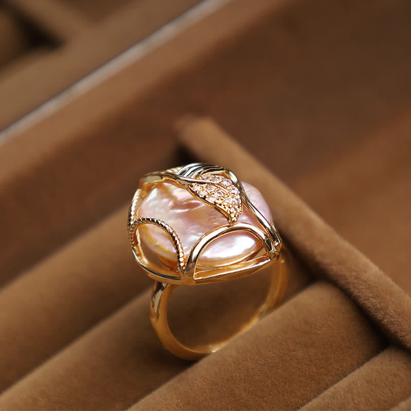 Nimara Ritual Pearl Copper Plated Gold Flower Happiness Wealth Ring