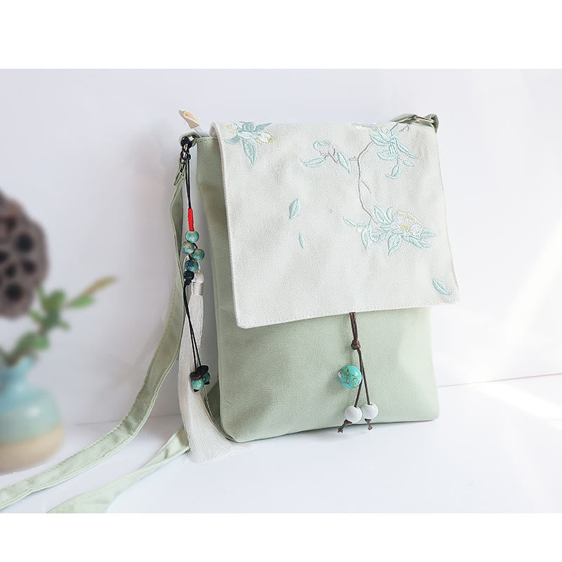 Nimara Ritual Handmade Embroidered Plum Flowers Canvas Crossbody Bag Shoulder Bag Handbag