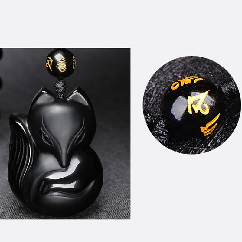 Nimara Ritual Natural Black Obsidian Tiger Eye Ice Obsidian Fox Pendant Amulet Necklace