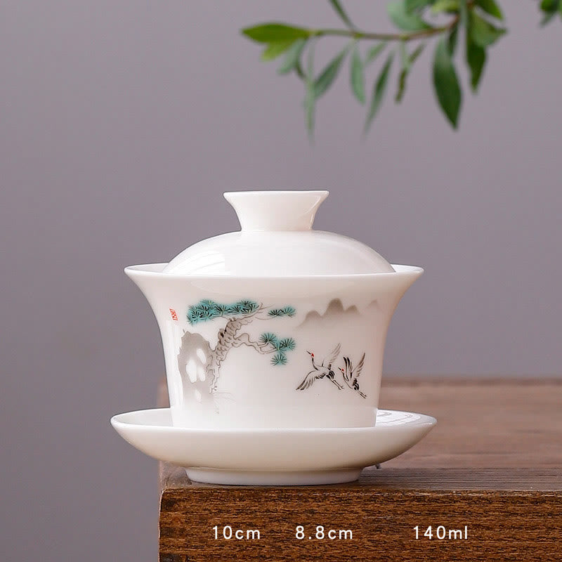 Nimara Ritual White Porcelain Mountain Landscape Countryside Ceramic Gaiwan Teacup Kung Fu Tea Cup And Saucer With Lid