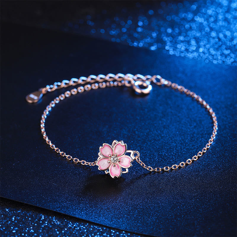 Nimara Ritual 925 Sterling Silver Cherry Blossom Blessing Chain Bracelet Rotatable Ring