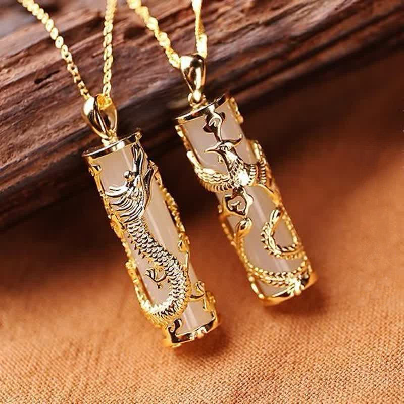 Nimara Ritual Jade Dragon Phoenix Copper Blessing Harmony Necklace Pendant