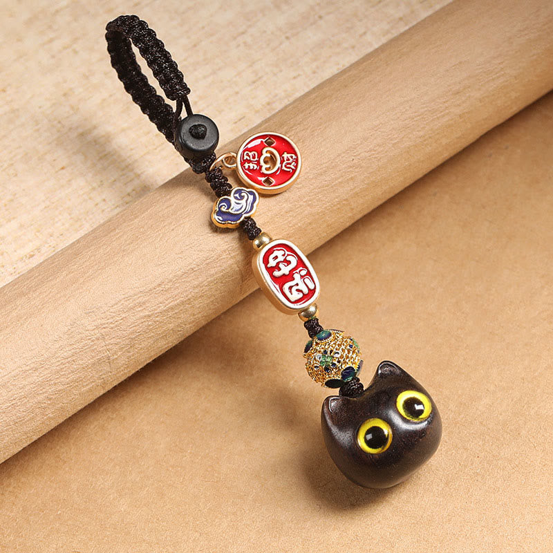Nimara Ritual Ebony Wood Lucky Cat Auspicious Cloud Peace Key Chain Phone Hanging Decoration