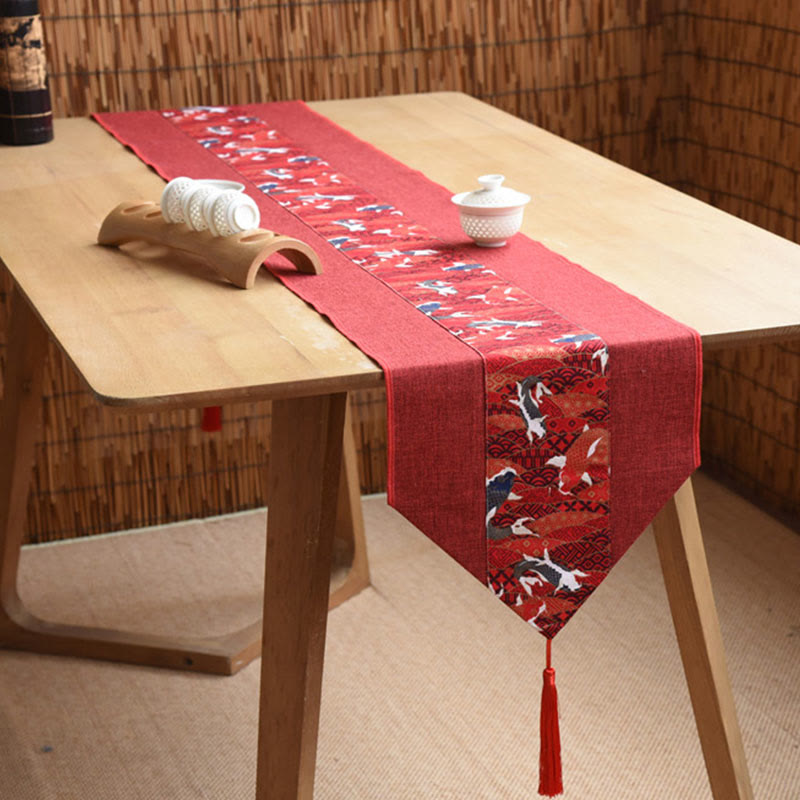 Nimara Ritual Classic Chinese Style Lotus Koi Fish Flower Crane Calligraphy Enlightenment Cotton Linen Tassels Table Runner