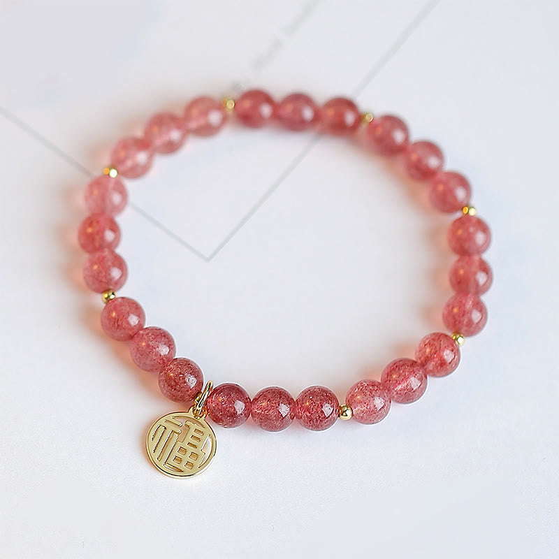 Nimara Ritual 14K Gold Plated Strawberry Quartz Fu Character Healing Charm Bracelet