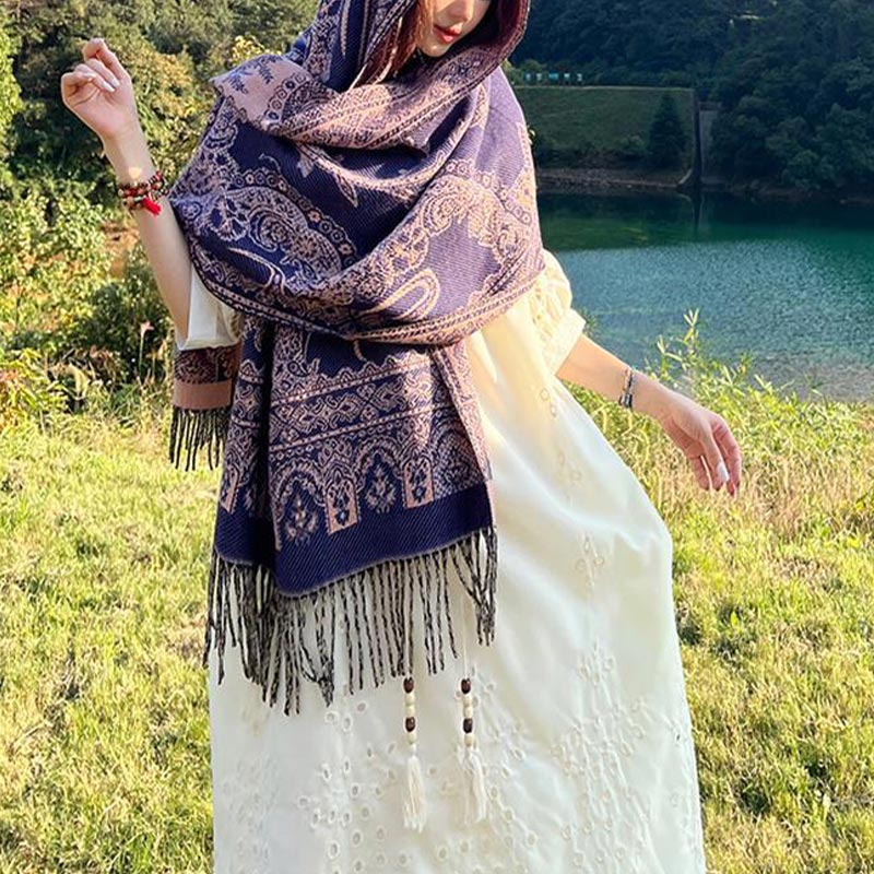 Nimara Ritual Vintage Tibetan Leaves Pattern Design Shawl Cozy Travel Scarf Wrap