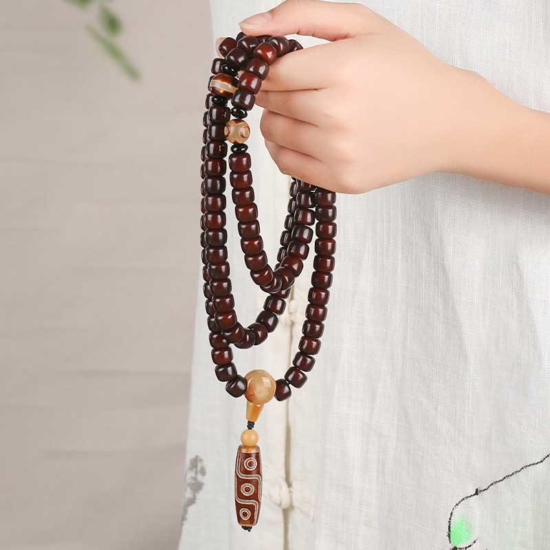 Nimara Ritual 108 Mala Beads Three-eyed Dzi Bead Nine-eye Dzi Bead Jade Luck Bracelet
