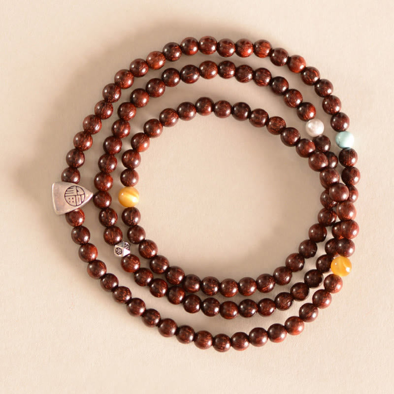 Nimara Ritual 925 Sterling Silver Indian Small Leaf Red Sandalwood Fu Character Protection Triple Wrap Bracelet