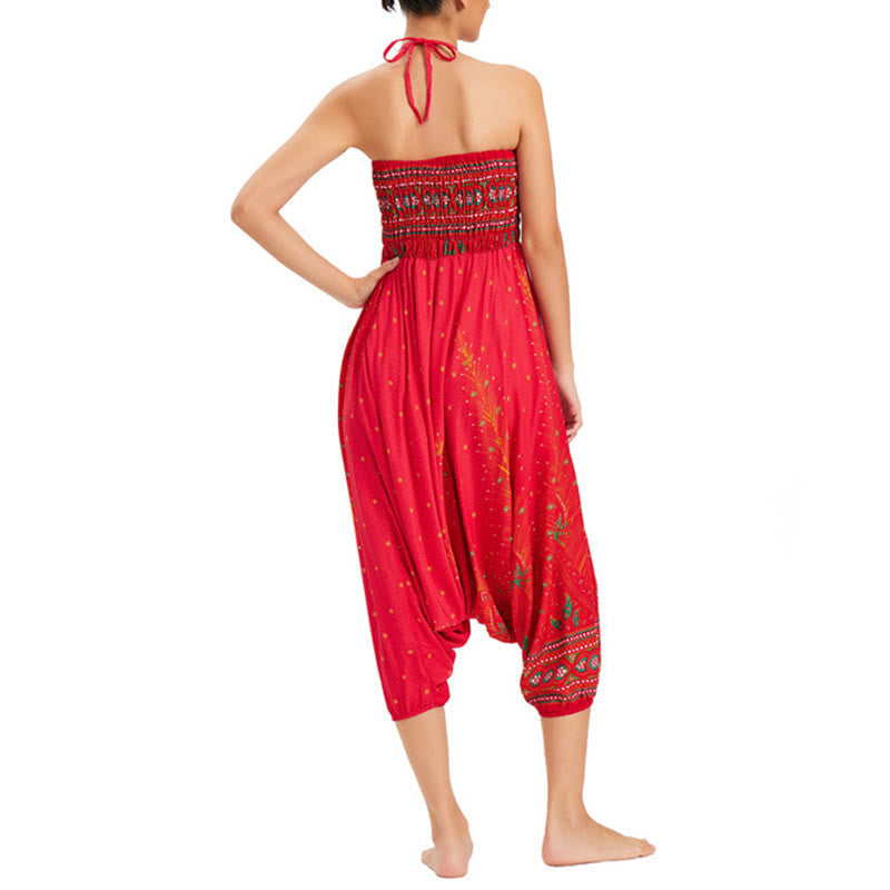 Nimara Ritual Two Style Wear Peacock Feather Loose Smocked Harem Trousers Jumpsuit High Waist Pants