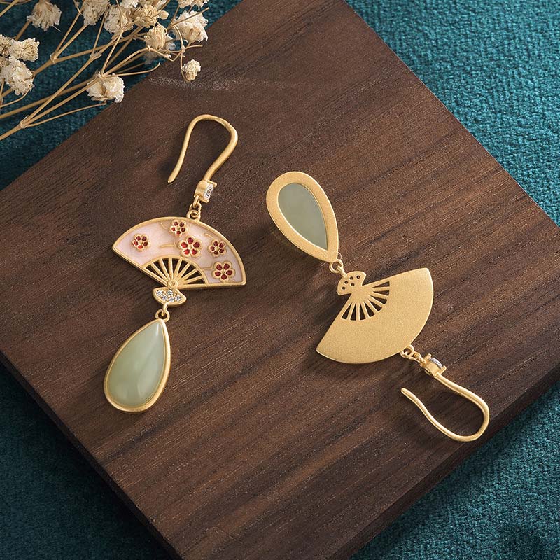 Nimara Ritual Natural Green Aventurine Fan Pattern Luck Drop Earrings