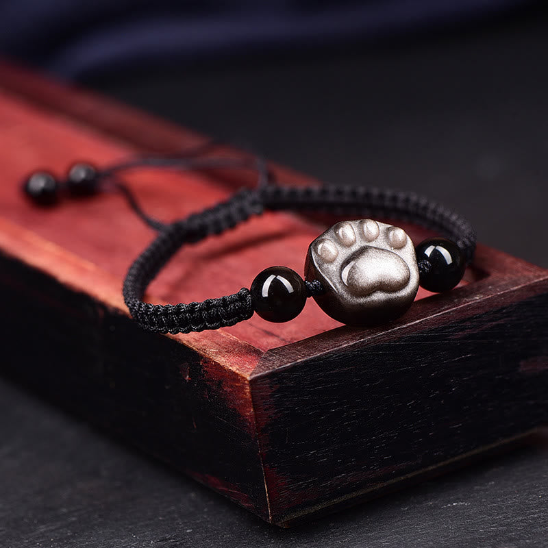 Nimara Ritual Natural Silver Sheen Obsidian Gold Sheen Obsidian Cute Cat Paw Claw Protection Rope Bracelet
