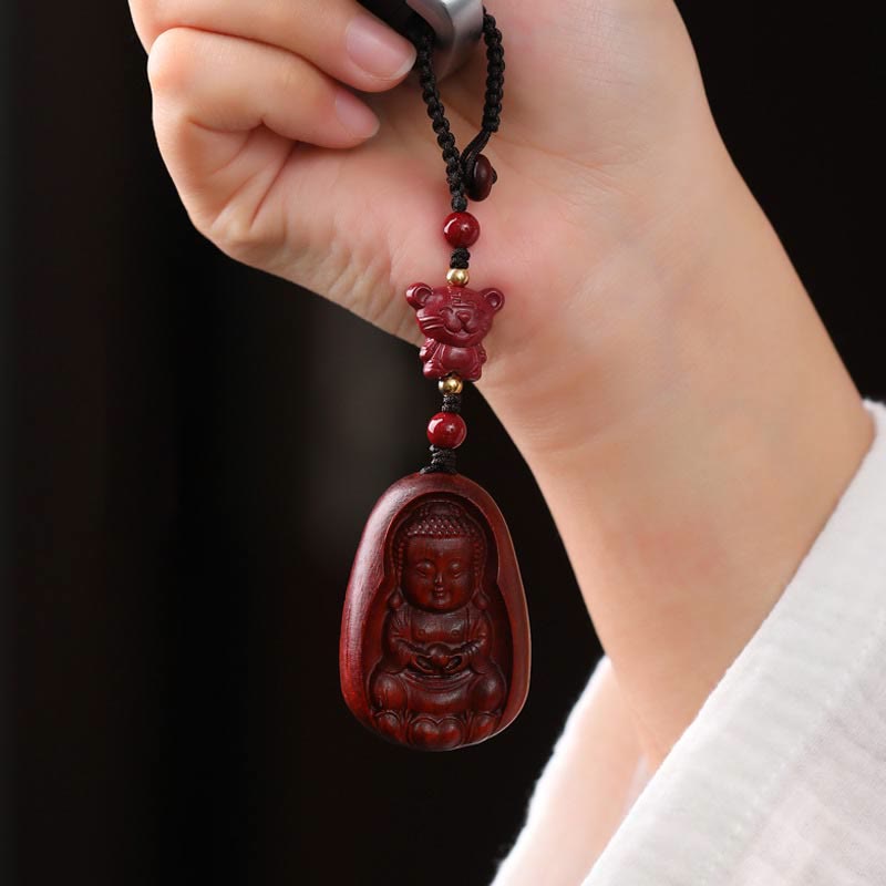 Nimara Ritual Small Leaf Red Sandalwood Buddha Cinnabar Chinese Zodiac Amulet Protection Key Chain