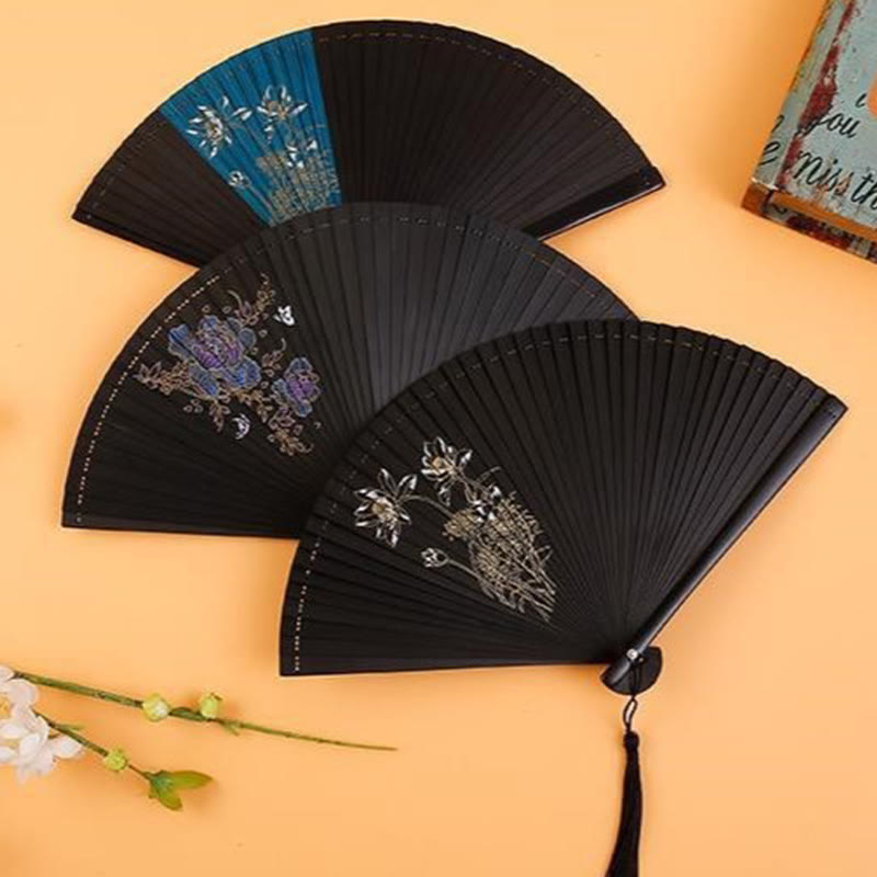 Nimara Ritual Hibiscus Flower Plum Blossom Handheld Bamboo Folding Fan