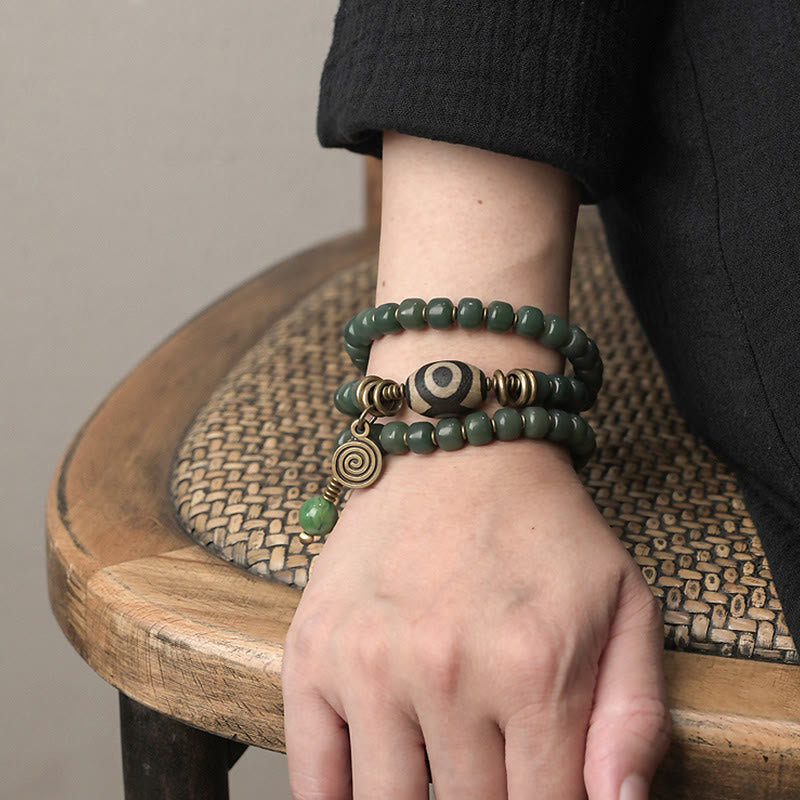 Nimara Ritual Cyan Bodhi Seed Dzi Bead Wisdom Peace Triple Wrap Bracelet