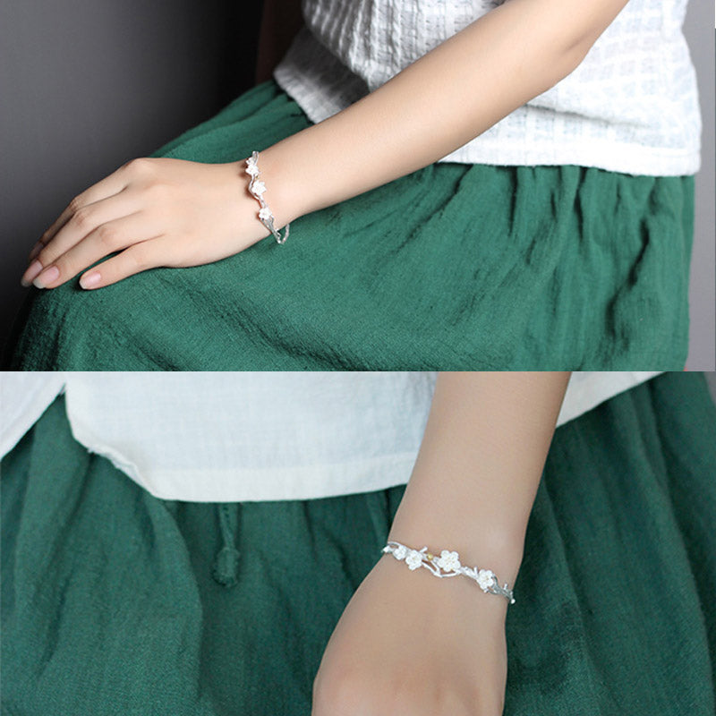 Nimara Ritual 925 Sterling Silver Plum Flower Blessing Bracelet Adjustable Bangle