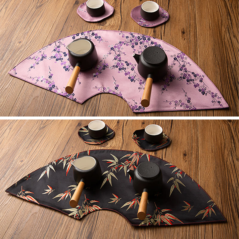 Nimara Ritual Vintage Sea Wave Bamboo Plum Blossom Embroidered Cup Mat Pad Tea Cup Coaster Kung Fu Tea Mat