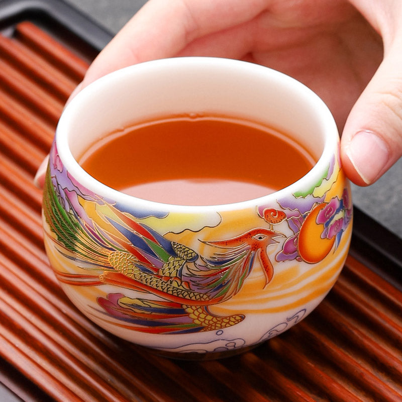 Nimara Ritual Dragon Phoenix Auspicious Clouds Sun Ocean Waves Ceramic Teacup Kung Fu Tea Cup