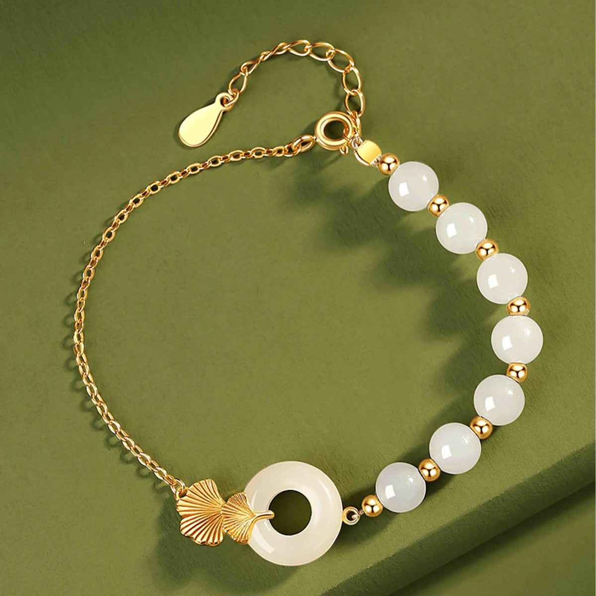 Nimara Ritual 925 Sterling Silver Hetian White Jade Peace Buckle Ginkgo Leaf Luck Bracelet