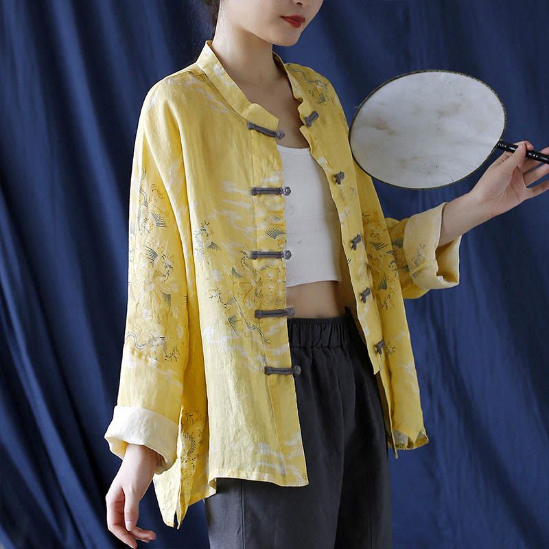Nimara Ritual Yellow Phoenix Print Frog-button Design Long Sleeve Ramie Linen Jacket Shirt